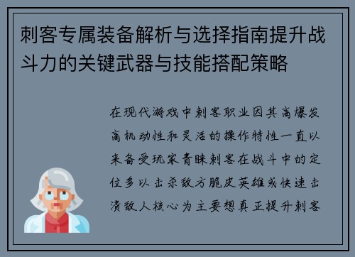 刺客专属装备解析与选择指南提升战斗力的关键武器与技能搭配策略
